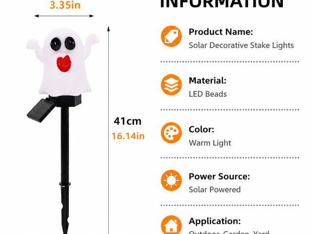 Halloween Solar Pathway Lights Set, 3 Spooky Designs Including Pumpkin with Witch Hat, Cute Ghost, and Faux Campfire, Warm Glow, Auto On/Off, Waterproof Solar Stake Lights for Outdoor Garden Yard Path Decor (Ghost, 3PCS)