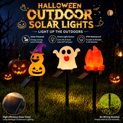 Halloween Solar Pathway Lights Set, 3 Spooky Designs Including Pumpkin with Witch Hat, Cute Ghost, and Faux Campfire, Warm Glow, Auto On/Off, Waterproof Solar Stake Lights for Outdoor Garden Yard Path Decor (Ghost, 3PCS)