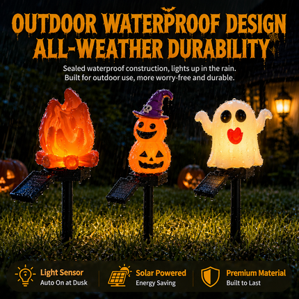 Halloween Solar Pathway Lights Set, 3 Spooky Designs Including Pumpkin with Witch Hat, Cute Ghost, and Faux Campfire, Warm Glow, Auto On/Off, Waterproof Solar Stake Lights for Outdoor Garden Yard Path Decor (Ghost, 3PCS)