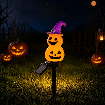 Halloween Solar Pathway Lights Set, 3 Spooky Designs Including Pumpkin with Witch Hat, Cute Ghost, and Faux Campfire, Warm Glow, Auto On/Off, Waterproof Solar Stake Lights for Outdoor Garden Yard Path Decor (Pumpkin, 3PCS)
