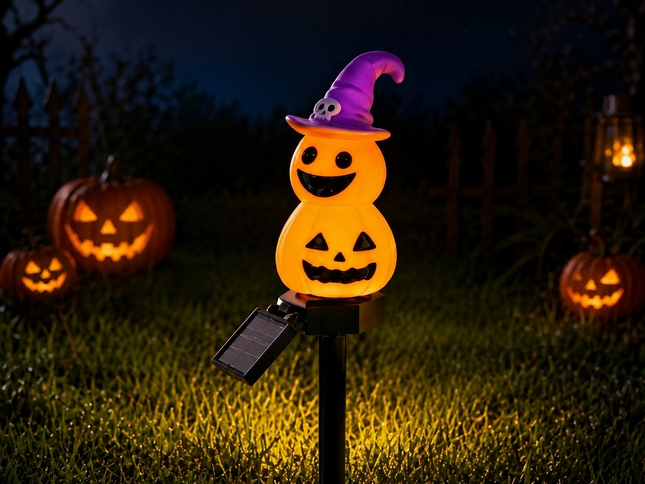 Halloween Solar Pathway Lights Set, 3 Spooky Designs Including Pumpkin with Witch Hat, Cute Ghost, and Faux Campfire, Warm Glow, Auto On/Off, Waterproof Solar Stake Lights for Outdoor Garden Yard Path Decor (Pumpkin, 3PCS)