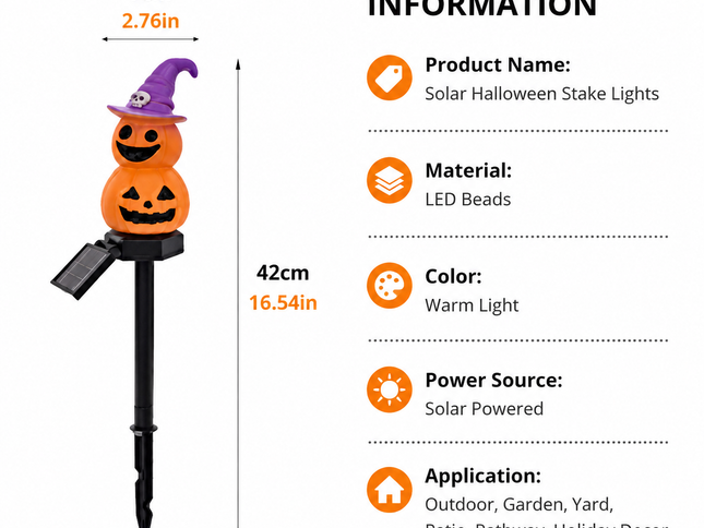 Halloween Solar Pathway Lights Set, 3 Spooky Designs Including Pumpkin with Witch Hat, Cute Ghost, and Faux Campfire, Warm Glow, Auto On/Off, Waterproof Solar Stake Lights for Outdoor Garden Yard Path Decor (Pumpkin, 3PCS)