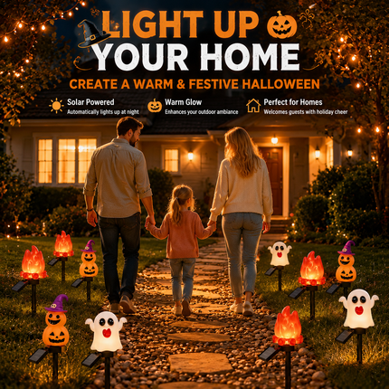Halloween Solar Pathway Lights Set, 3 Spooky Designs Including Pumpkin with Witch Hat, Cute Ghost, and Faux Campfire, Warm Glow, Auto On/Off, Waterproof Solar Stake Lights for Outdoor Garden Yard Path Decor (Pumpkin, 3PCS)