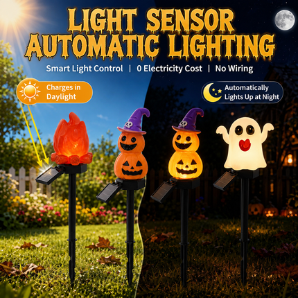 Halloween Solar Pathway Lights Set, 3 Spooky Designs Including Pumpkin with Witch Hat, Cute Ghost, and Faux Campfire, Warm Glow, Auto On/Off, Waterproof Solar Stake Lights for Outdoor Garden Yard Path Decor (Pumpkin, 3PCS)