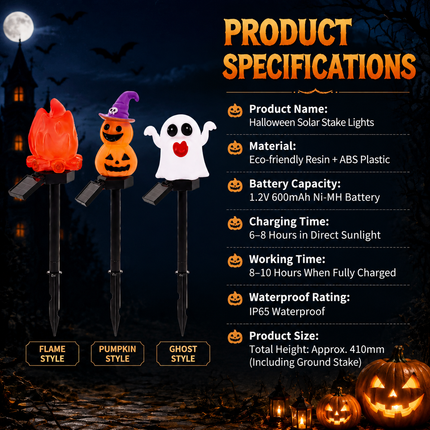 Halloween Solar Pathway Lights Set, 3 Spooky Designs Including Pumpkin with Witch Hat, Cute Ghost, and Faux Campfire, Warm Glow, Auto On/Off, Waterproof Solar Stake Lights for Outdoor Garden Yard Path Decor (Pumpkin, 3PCS)