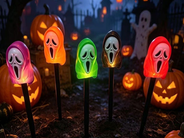 Halloween Solar Ground Stake Lights, 5-Pack Screaming Ghost Face Pathway Lights, IP65 Waterproof Auto On/Off for Lawn Yard Walkway, Spooky Outdoor Garden Decor with 5 Eerie Colors (2Sets, Black Tube)