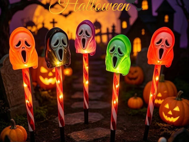 Halloween Solar Ground Stake Lights, 5-Pack Screaming Ghost Face Pathway Lights, IP65 Waterproof Auto On/Off for Lawn Yard Walkway, Spooky Outdoor Garden Decor with 5 Eerie Colors (3Sets, Colorful Tube)