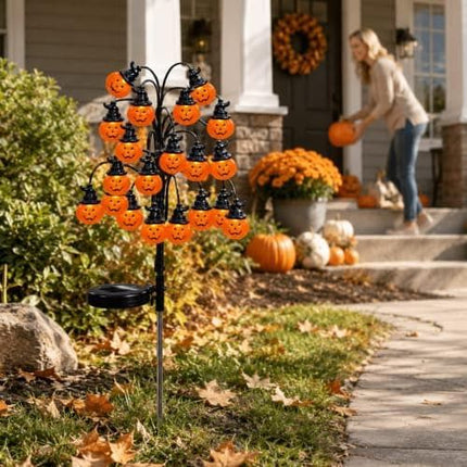 Bring Eerie Charm to Your Outdoor Space with Solar-Powered Halloween Stake Lights – Pumpkin, Skull, Spider & Pirate Motifs, 20 LED, Auto On/Off, Perfect for Garden Paths (Top Hat Pumpkin, 3PCS)