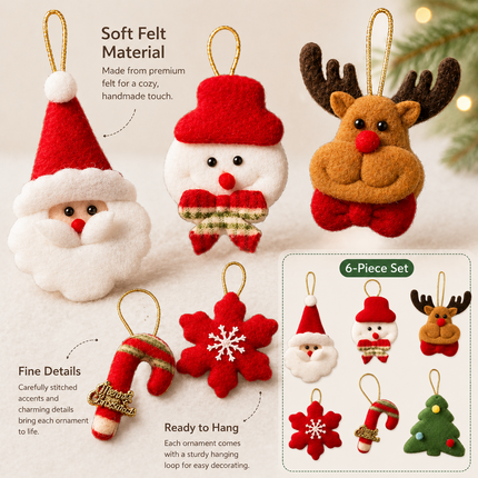 6Pcs Christmas Felt Hanging Ornament Set Santa Snowman Reindeer Tree Snowflake Candy Cane Xmas Tree Decorations