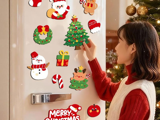 12Pcs Christmas Fridge Magnets Set Magnetic Santa Snowman Tree Decorations for Refrigerator Xmas Home Decor