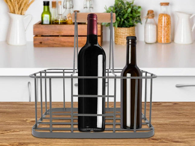 Kitchen Milk Bottle Holder Doorstep, Milk Crate, Wire Metal with Wooden Handle, Grey-Beer Basket Metal Wine Rack Basket Wine Wood