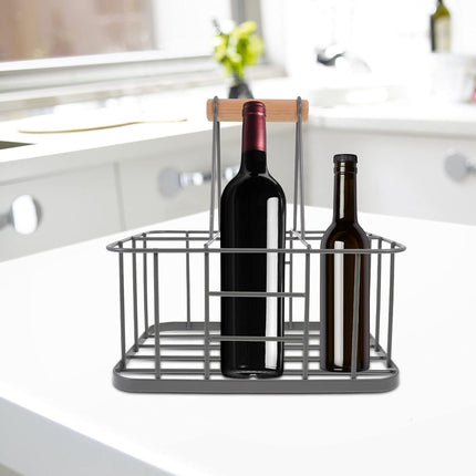 Kitchen Milk Bottle Holder Doorstep, Milk Crate, Wire Metal with Wooden Handle, Grey-Beer Basket Metal Wine Rack Basket Wine Wood