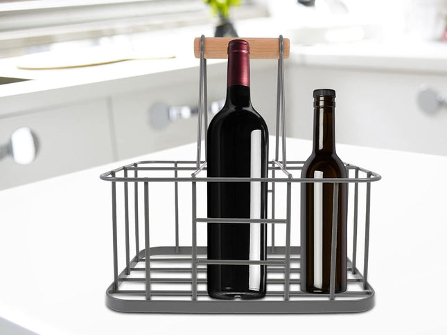 Kitchen Milk Bottle Holder Doorstep, Milk Crate, Wire Metal with Wooden Handle, Grey-Beer Basket Metal Wine Rack Basket Wine Wood