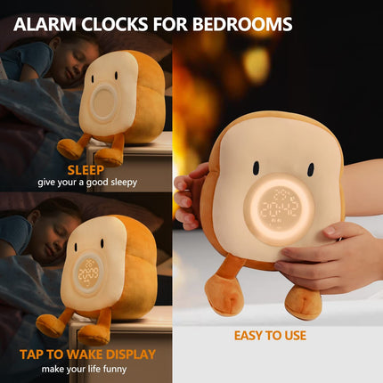 Plush Toy Night Light Alarm Clock for Kids, Multiin-one Cozy Toast Plushies Bed Clock with Dual Alarm , Lamp Birthday Gifts Ideal