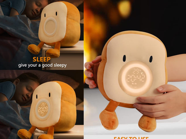 Plush Toy Night Light Alarm Clock for Kids, Multiin-one Cozy Toast Plushies Bed Clock with Dual Alarm , Lamp Birthday Gifts Ideal