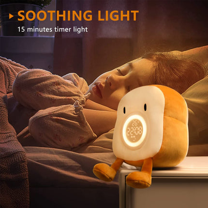 Plush Toy Night Light Alarm Clock for Kids, Multiin-one Cozy Toast Plushies Bed Clock with Dual Alarm , Lamp Birthday Gifts Ideal