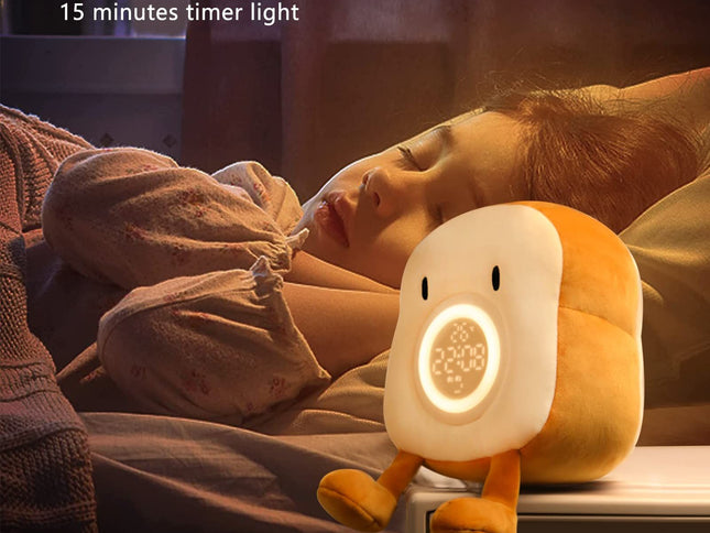 Plush Toy Night Light Alarm Clock for Kids, Multiin-one Cozy Toast Plushies Bed Clock with Dual Alarm , Lamp Birthday Gifts Ideal
