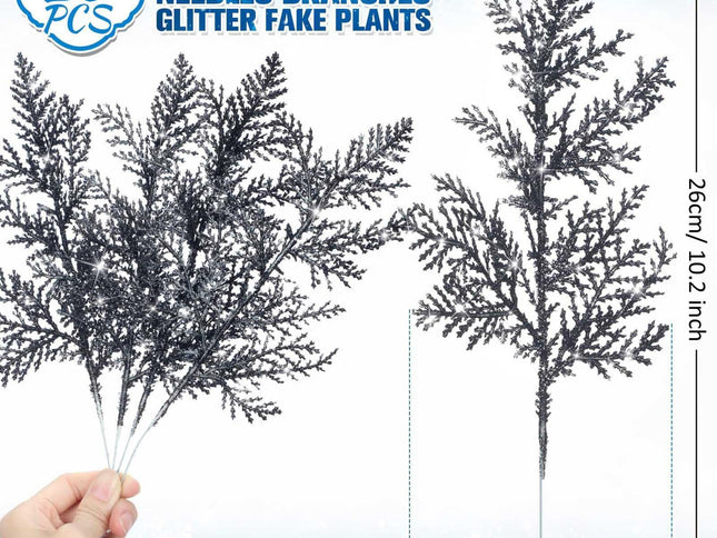 Christmas Pine Branches Artificial Needles 20pcs Needle Glitter Reusable DIY Home Decoration Xmas Twig Pick Branch Party Black