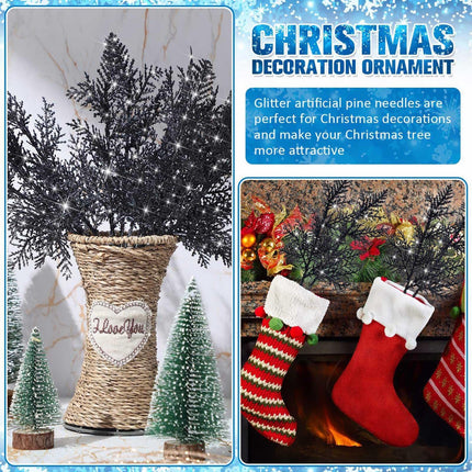 Christmas Pine Branches Artificial Needles 20pcs Needle Glitter Reusable DIY Home Decoration Xmas Twig Pick Branch Party Black