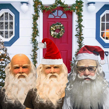 Christmas Santa Claus Latex Mask,Realistic Full Face White Beard Red Cap Mask Xmas Headgear for Theme Party