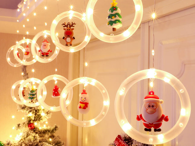 Window Lights Christmas Decor Ring Lights with Ornament LED Curtain Lights Indoor Outdoor USB White Christmas String