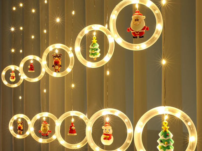 Window Lights Christmas Decor Ring Lights with Ornament LED Curtain Lights Indoor Outdoor USB White Christmas String