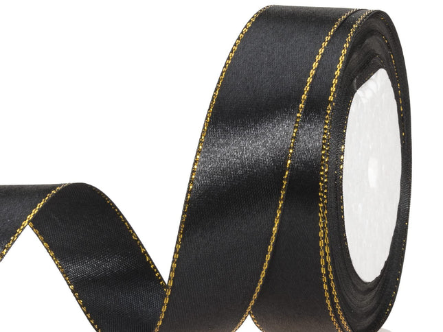 Thin Black and Gold Satin Ribbon with Gold Edges Border Fabric Ribbons for Gift Wrapping Wedding Birthday Cake Decoration Floral