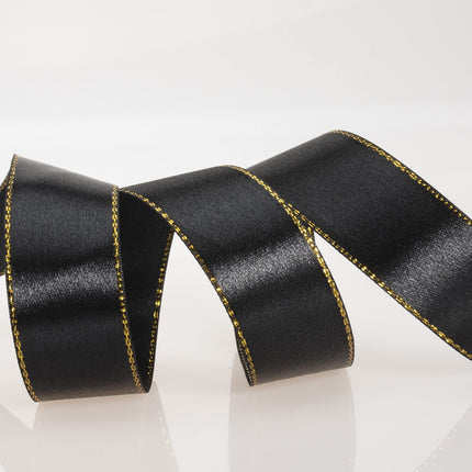 Thin Black and Gold Satin Ribbon with Gold Edges Border Fabric Ribbons for Gift Wrapping Wedding Birthday Cake Decoration Floral