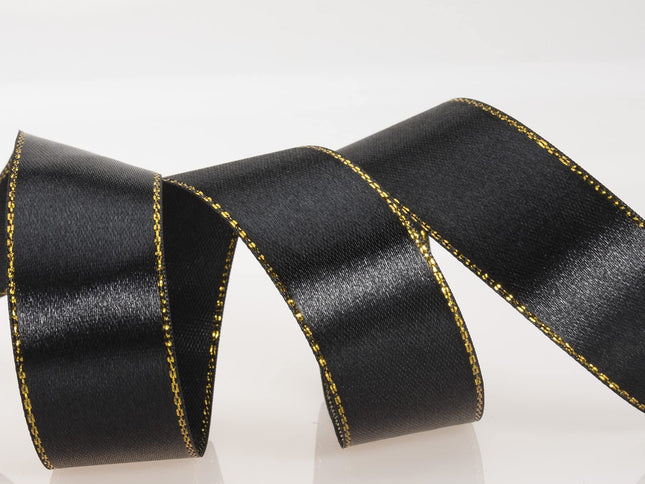 Thin Black and Gold Satin Ribbon with Gold Edges Border Fabric Ribbons for Gift Wrapping Wedding Birthday Cake Decoration Floral