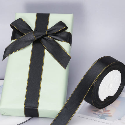 Thin Black and Gold Satin Ribbon with Gold Edges Border Fabric Ribbons for Gift Wrapping Wedding Birthday Cake Decoration Floral