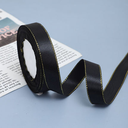 Thin Black and Gold Satin Ribbon with Gold Edges Border Fabric Ribbons for Gift Wrapping Wedding Birthday Cake Decoration Floral