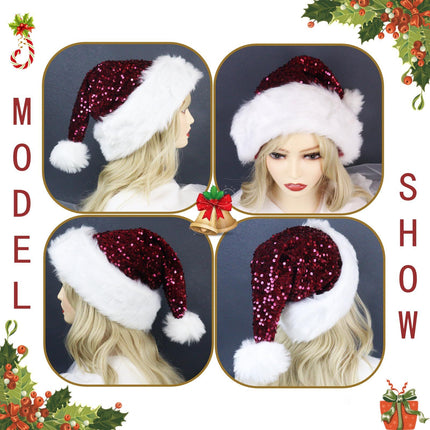Santa Hat, Christmas Hats for Women or Men, Soft Adults Holiday Hat for Santa Claus New Year Party Supplies