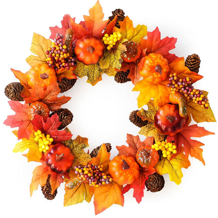 Fall Wreath for Front Door, 15" Artificial Autumn Pumpkin Wreath, Harvest Wreath Thanksgiving Wreath for Fall, Indoor Wreath Party