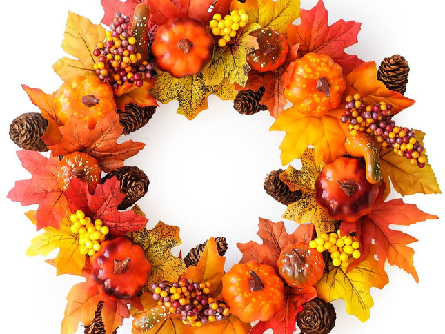 Fall Wreath for Front Door, 15" Artificial Autumn Pumpkin Wreath, Harvest Wreath Thanksgiving Wreath for Fall, Indoor Wreath Party