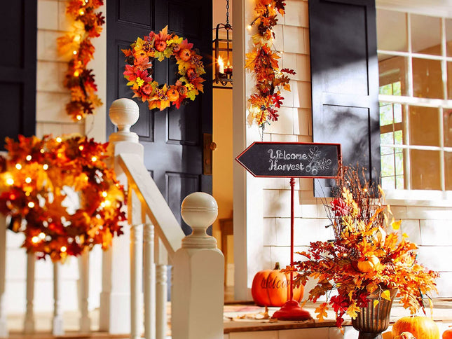 Fall Wreath for Front Door, 15" Artificial Autumn Pumpkin Wreath, Harvest Wreath Thanksgiving Wreath for Fall, Indoor Wreath Party
