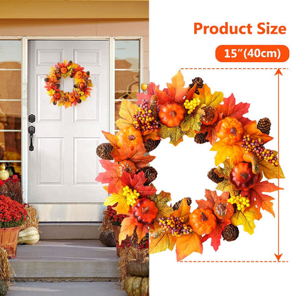 Fall Wreath for Front Door, 15" Artificial Autumn Pumpkin Wreath, Harvest Wreath Thanksgiving Wreath for Fall, Indoor Wreath Party