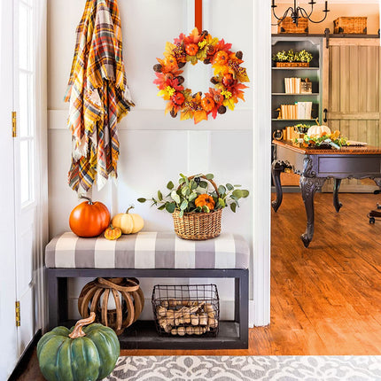 Fall Wreath for Front Door, 15" Artificial Autumn Pumpkin Wreath, Harvest Wreath Thanksgiving Wreath for Fall, Indoor Wreath Party