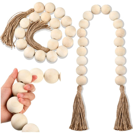 2 Pcs Large Wood Bead Garland with 1.57" Diameter Wood Beads and Tassel, Decorative Beads Boho Home Decor Long Oversized  (White)