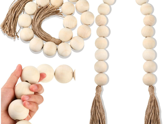 2 Pcs Large Wood Bead Garland with 1.57" Diameter Wood Beads and Tassel, Decorative Beads Boho Home Decor Long Oversized (White)