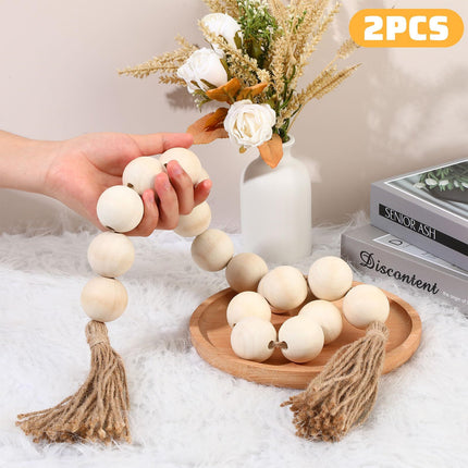 2 Pcs Large Wood Bead Garland with 1.57" Diameter Wood Beads and Tassel, Decorative Beads Boho Home Decor Long Oversized  (White)
