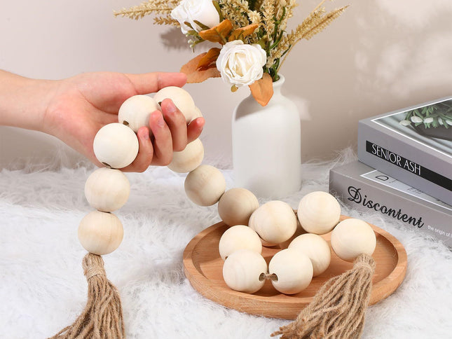 2 Pcs Large Wood Bead Garland with 1.57" Diameter Wood Beads and Tassel, Decorative Beads Boho Home Decor Long Oversized (White)