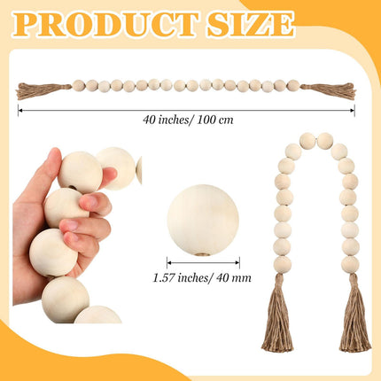 2 Pcs Large Wood Bead Garland with 1.57" Diameter Wood Beads and Tassel, Decorative Beads Boho Home Decor Long Oversized  (White)