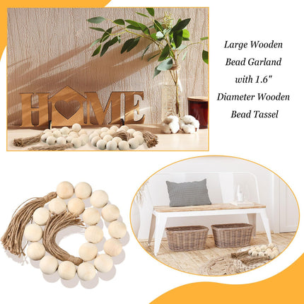 2 Pcs Large Wood Bead Garland with 1.57" Diameter Wood Beads and Tassel, Decorative Beads Boho Home Decor Long Oversized  (White)