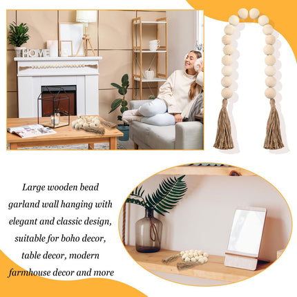 2 Pcs Large Wood Bead Garland with 1.57" Diameter Wood Beads and Tassel, Decorative Beads Boho Home Decor Long Oversized  (White)