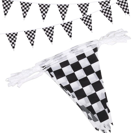 Reusable party decoration flags, 38 black and white checkered flags sewn on white ropes (black and white checkered)