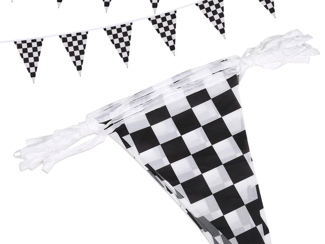 Reusable party decoration flags, 38 black and white checkered flags sewn on white ropes (black and white checkered)