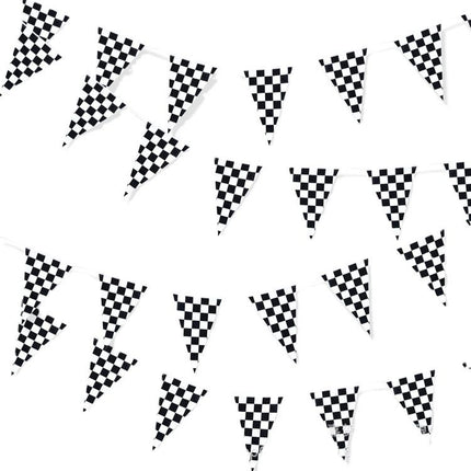 Reusable party decoration flags, 38 black and white checkered flags sewn on white ropes (black and white checkered)