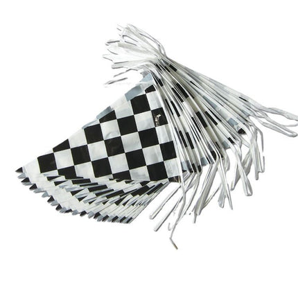 Reusable party decoration flags, 38 black and white checkered flags sewn on white ropes (black and white checkered)