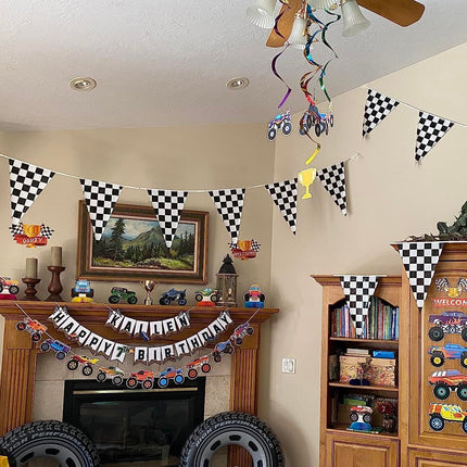 Reusable party decoration flags, 38 black and white checkered flags sewn on white ropes (black and white checkered)