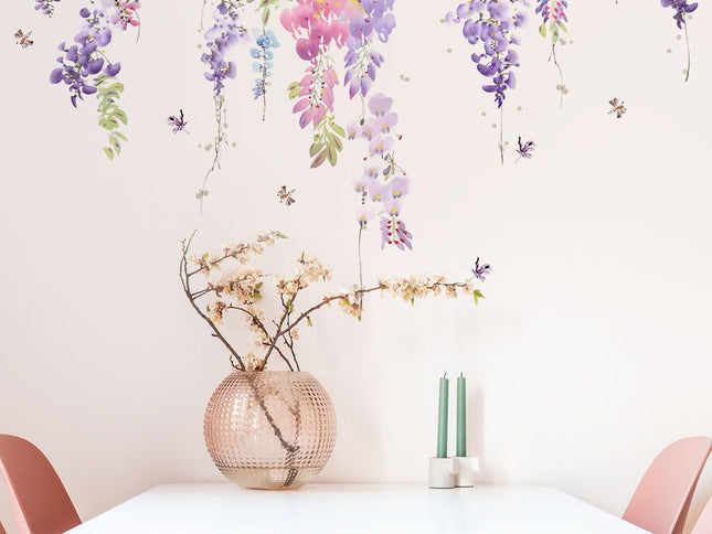 Flower Wall Decals Purple Hanging Vines Floral Wall Stickers for Girls Bedroom Nursery Living Room Wall Decor